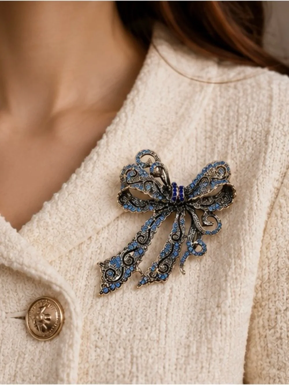 Vintage Blue Crystal Bow Brooch | Rhinestone Ribbon Pin | Antique Gold Statement